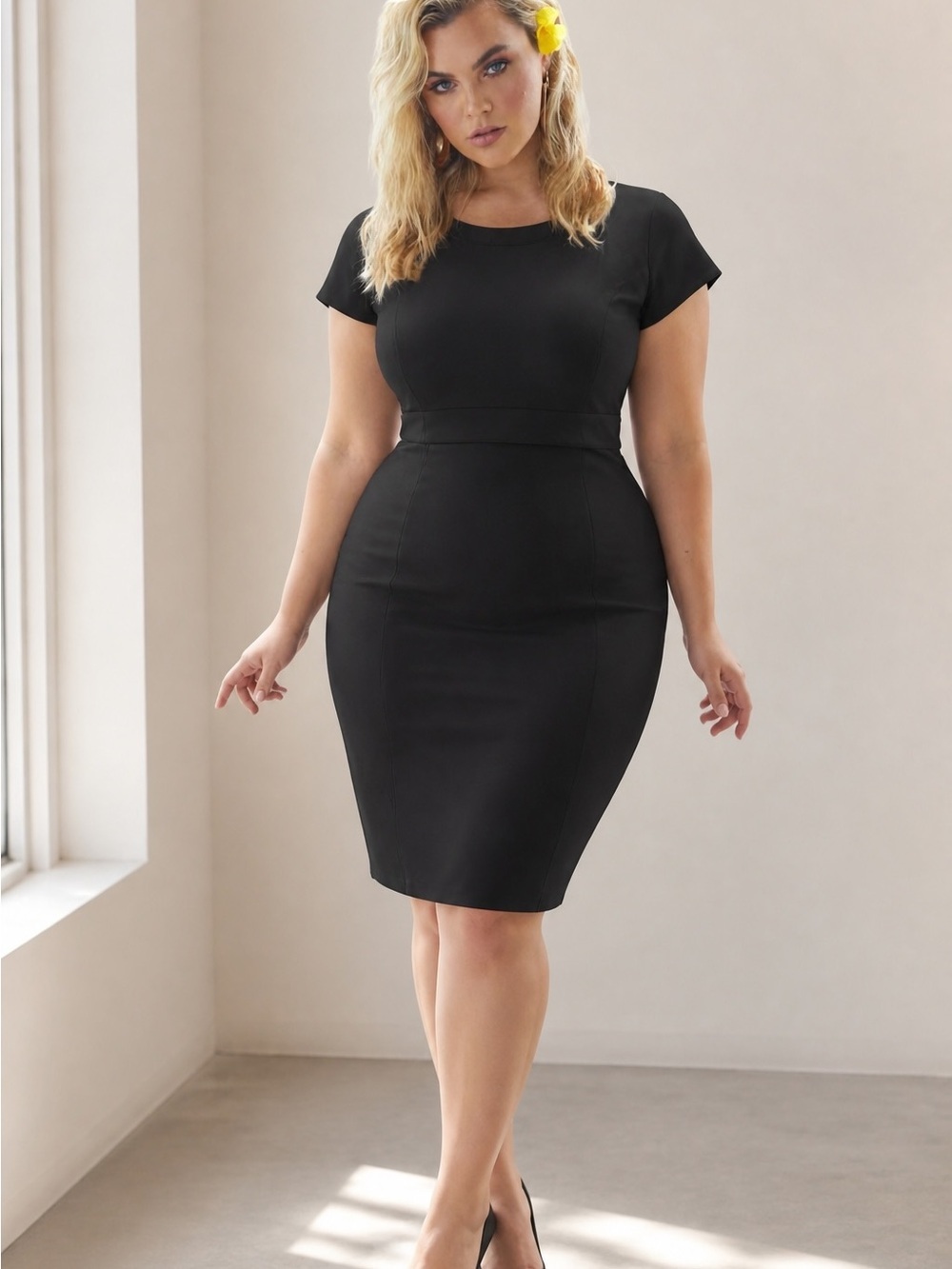 Lands' End Black Short-Sleeve Midi Shift Dress